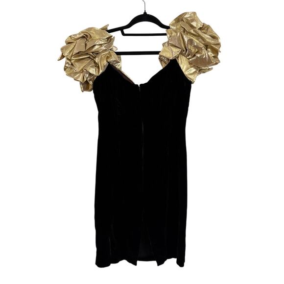 Vintage Steppin' Out Mini Dress size *9 small black velvet gold 80s puff sleeve - Picture 3 of 7